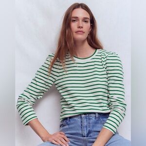 Boden Pleat Sleeve Stripe Jersey Cotton Top Jewel Green and Ivory Stripe 20/22